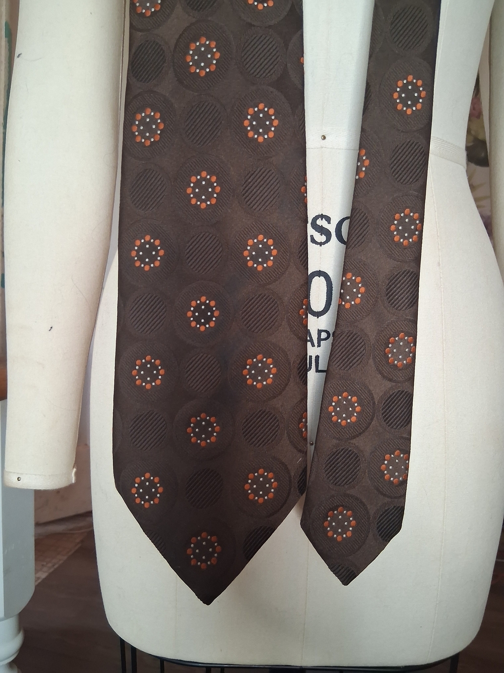 Men's Vintage 70s Brown Patterned Tie  With Tie Clip
